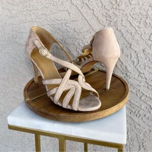 SEZANE Nude Beige & Gold Suede Leather Strappy Open Toe Stiletto Sandals Heels